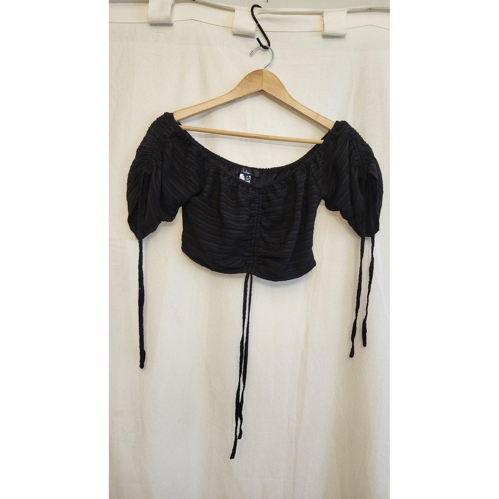 Lulus‎ Blouse Womens M Black Off Shoulder Ruched Puff Sleeve Cropped Top